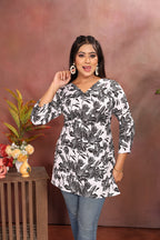 Women's Black & White Floral Print Short Kurti