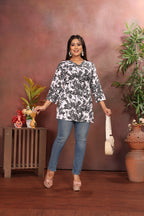 Women's Black & White Floral Print Short Kurti