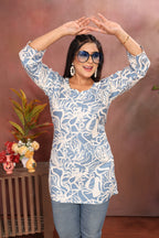 Women's Blue Cotton Short Kurti