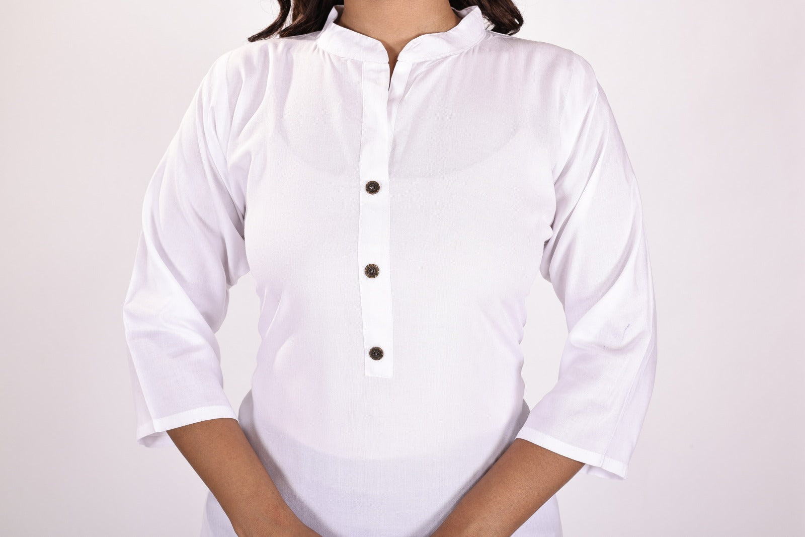 Classic White Soft Cotton Short Kurti with Wooden Buttons