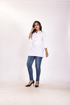 Classic White Soft Cotton Short Kurti with Wooden Buttons